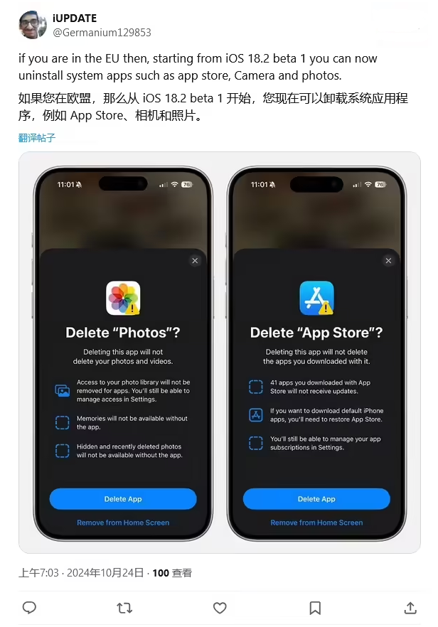 清河苹果手机维修分享iOS 18.2 支持删除 App Store 应用商店 