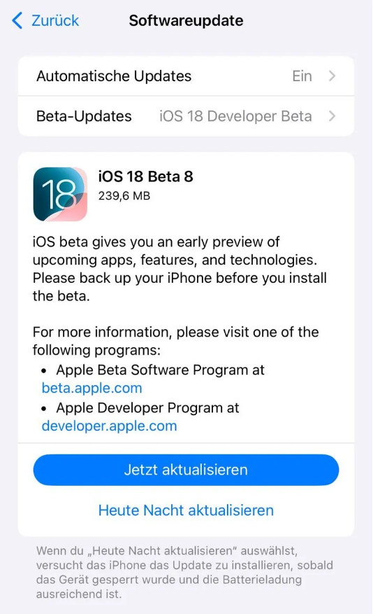 清河苹果手机维修分享苹果 iOS / iPadOS 18 开发者预览版 Beta 8 发布 